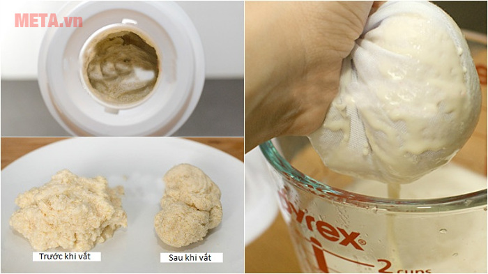 Dùng khăn xô lọc bỏ bã đậu, bạn nên lọc 2 lần để đảm bảo hết bã ra khỏi nước