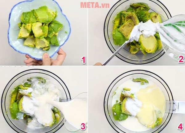 Cho bơ, sữa đặc, nước cốt dừa vào máy xay sinh tố xay đều Cho bơ, sữa đặc, nước cốt dừa vào máy xay sinh tố xay đều