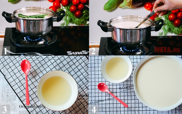 Cho phần nước đậu đun sôi khoảng 3 phút trên bếp Cho phần nước đậu đun sôi khoảng 3 phút trên bếp