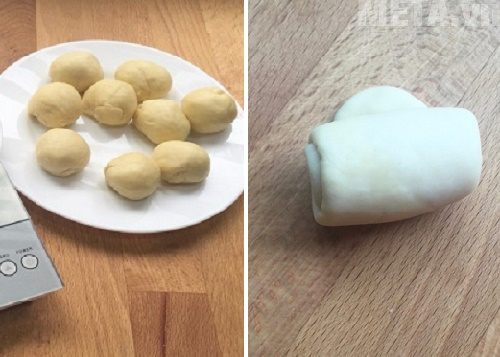 Chia bột nhỏ thành từng phần và cán bột theo hình trên