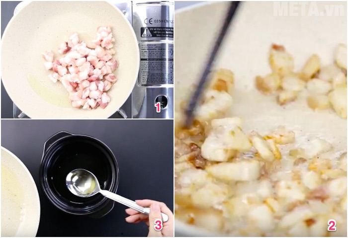 Bạn rang thịt đến khi thịt vàng đều là được và chắt bỏ mỡ Bạn rang thịt đến khi thịt vàng đều là được và chắt bỏ mỡ