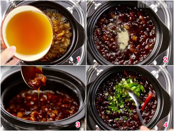 Bước cuối cùng, bạn thêm nước sốt vào và đợi kho quẹt keo lại là được Bước cuối cùng, bạn thêm nước sốt vào và đợi kho quẹt keo lại là được