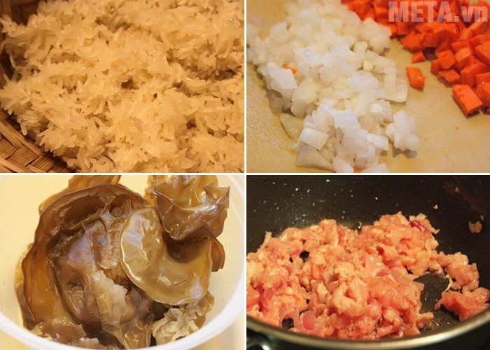 Các bước sơ chế nguyên liệu cho món xôi chiên nhân thịt