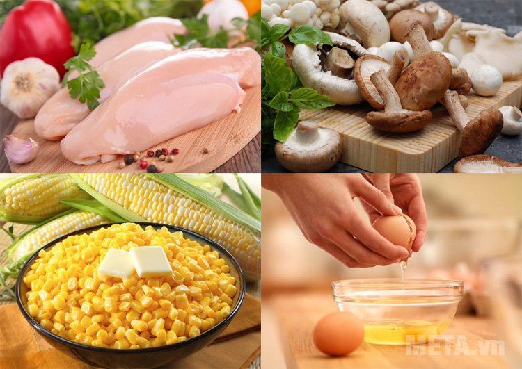 Nguyên liệu cho món súp gà ngô nấm Nguyên liệu cho món súp gà ngô nấm