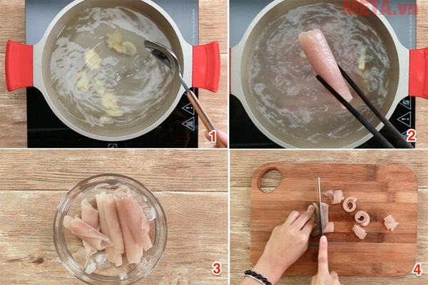 Bạn luộc bì cùng với các gia vị và cắt miếng vừa ăn Bạn luộc bì cùng với các gia vị và cắt miếng vừa ăn