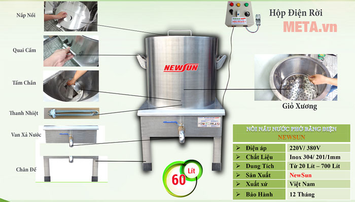 Nồi nấu phở bằng điện 60 lít (tủ điện rời)