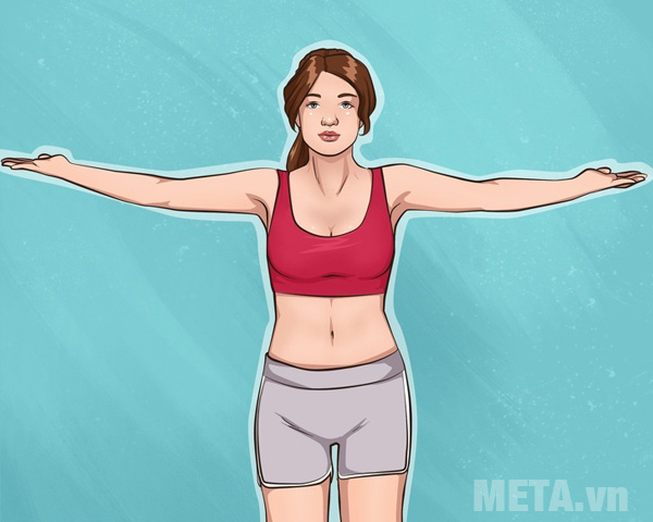 Đưa 2 tay sang ngang, lòng bàn tay hướng lên trên Đưa 2 tay sang ngang, lòng bàn tay hướng lên trên