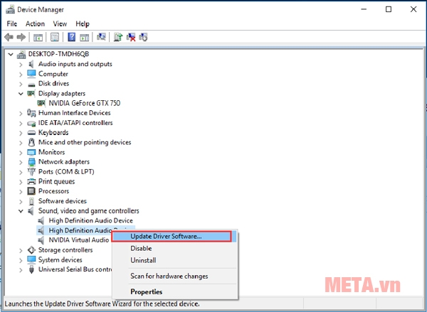 Nhấn phải chuột vào High Definition Audio Device sau đó chọn Update driver.