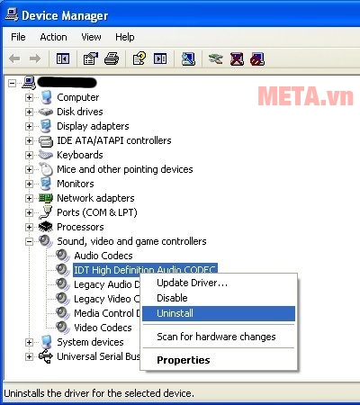 Nhấn phải chuột vào thiết bị âm thanh cần cài lại driver, chọn Uninstall