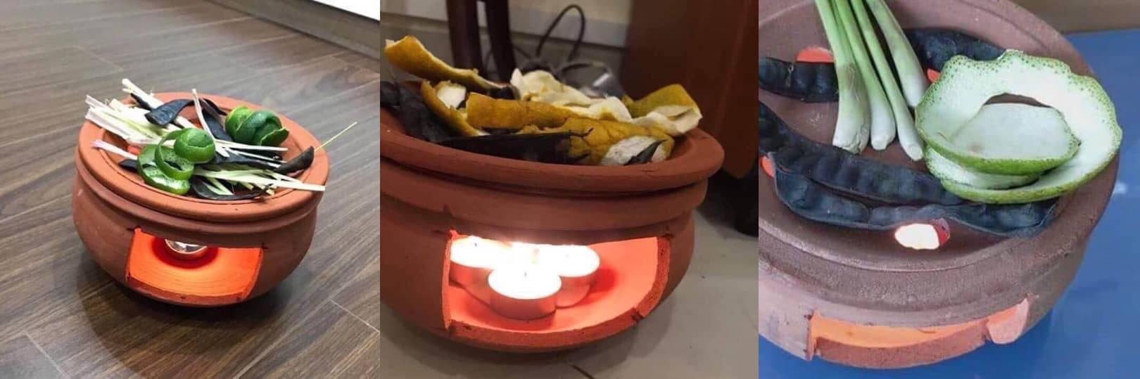 Đốt bồ kết bằng nồi xông đất nung Đốt bồ kết bằng nồi xông đất nung