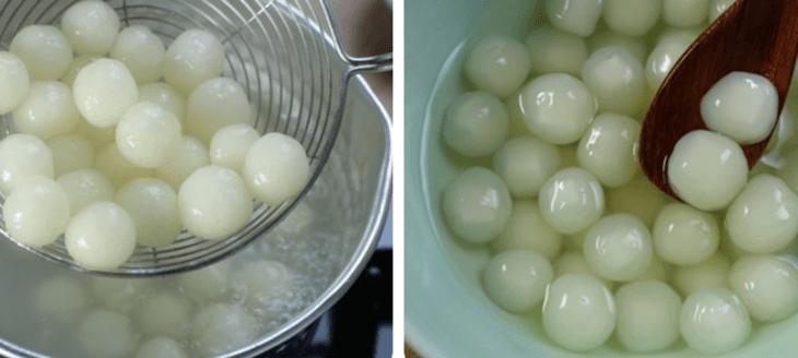Luộc chín trân châu xong bạn nên vớt ngay vào bát nước lạnh để trân châu không bị dính