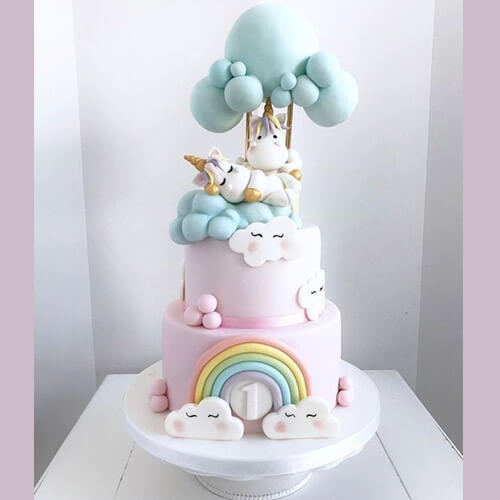 Bánh sinh nhật kỳ lân tông hồng - xanh đáng yêu