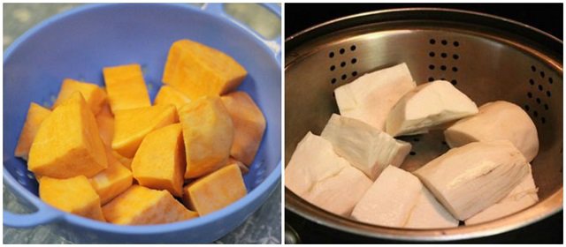 Sơ chế nguyên liệu nấu chè chuối chưng khoai lang Indonesia