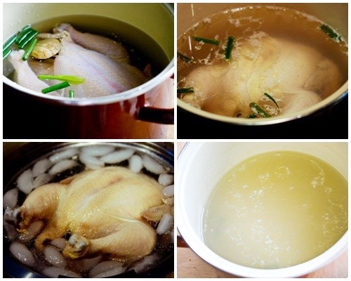 cho gà đã luộc chính và chậu nước đá để thịt gà ngon hơn