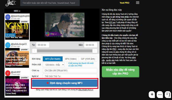Nhấn vào thanh định dạng chuyển sang mp3