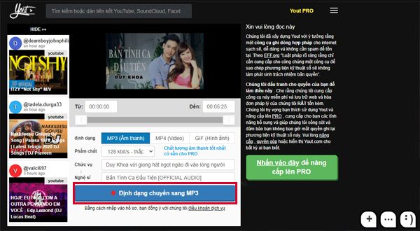 Trình duyệt tự động chuyển về trang web Yout, bạn chỉ cần chọn định dạng chuyển sang mp3