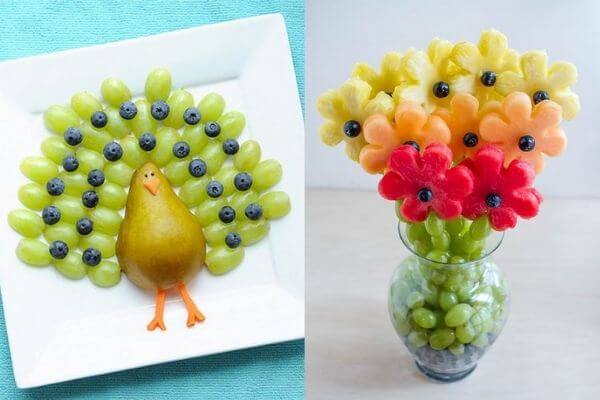 Tạo hình chú công và bình hoa từ nho xanh, dưa hấu, lê, táo Tạo hình chú công và bình hoa từ nho xanh, dưa hấu, lê, táo