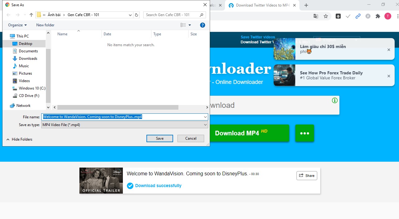 Chờ hộp thoại hiện lên để tải video Twitter về máy