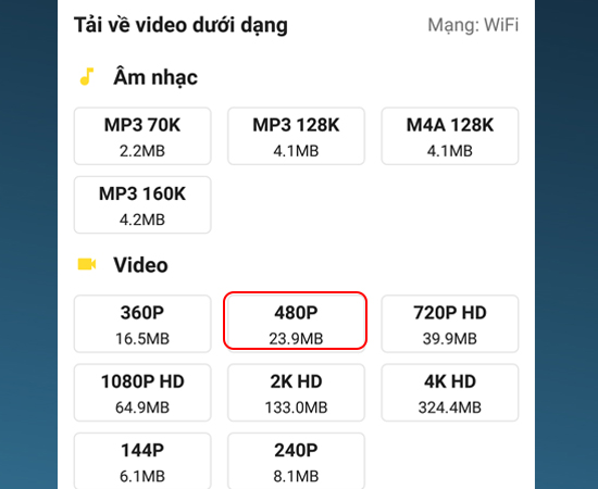 Chọn chất lượng video muốn tải Chọn chất lượng video muốn tải