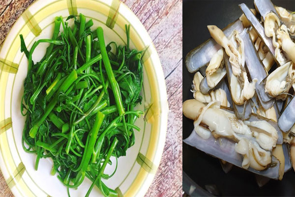 Luộc rau muống và ốc