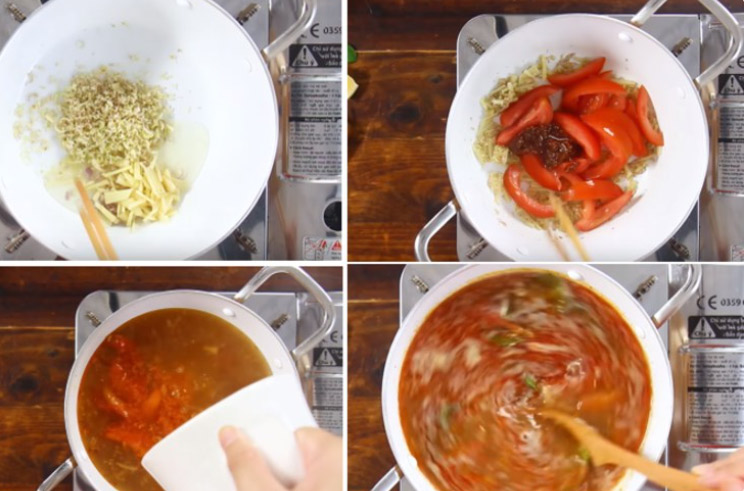 Sơ chế nước dùng bún hải sản chua cay