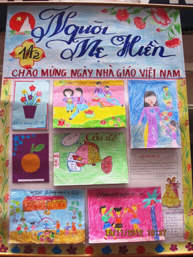 Mẫu báo tường với những nét vẽ ngây ngô của trẻ thơ, phù hợp với các em học sinh lớp 1