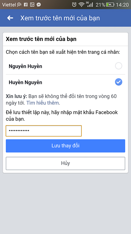 Chọn “lưu lại thay đổi” để hoàn thành thao tác đổi tên Facebook Chọn “lưu lại thay đổi” để hoàn thành thao tác đổi tên Facebook