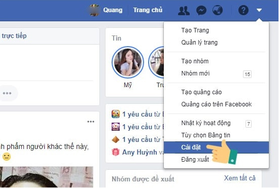 Nhấn chọn vào hình tam giác nhỏ trên trang Facebook cá nhân Nhấn chọn vào hình tam giác nhỏ trên trang Facebook cá nhân