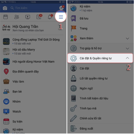 Nhấn chọn biểu tưởng 3 dấu gạch ngang ở trên góc phải ứng dụng Facebook Nhấn chọn biểu tưởng 3 dấu gạch ngang ở trên góc phải ứng dụng Facebook