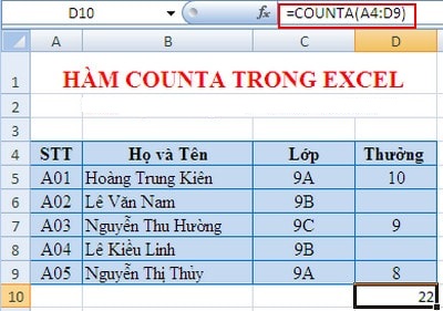 Hàm COUNTA trong Excel