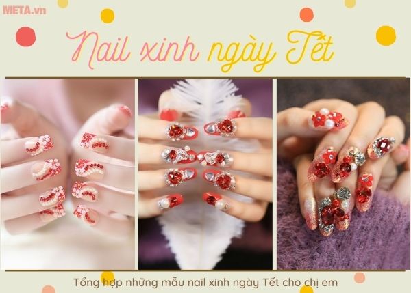 Mẫu vẽ móng, đính đá ngày Tết