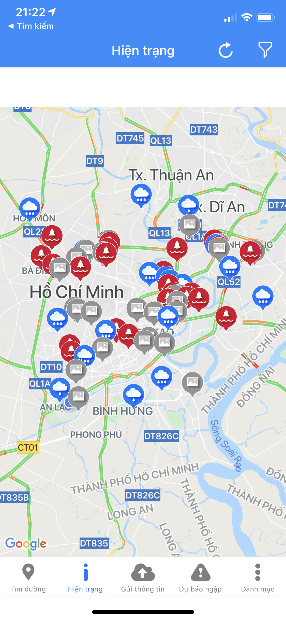 Bấm vào "Hiện trạng" để xem thông tin triều cường Bấm vào "Hiện trạng" để xem thông tin triều cường