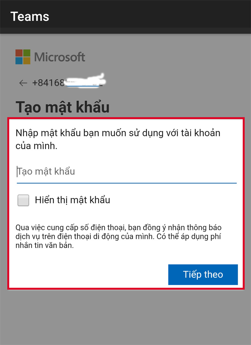 Nhập “Mật khẩu” để đăng ký Microsoft Teams