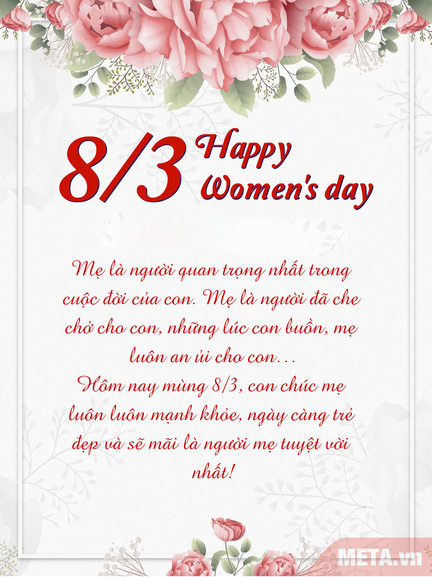 Thiệp mừng 8/3 Mẫu thiệp hoa chúc mừng 8/3 gửi tới mẹ kính yêu!