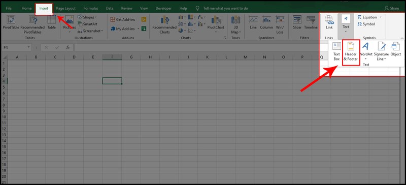 Cách đánh số trang trong Excel thông qua thẻ Insert