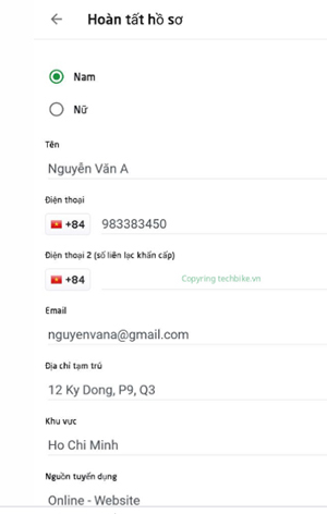 Nhấn để hoàn tất hồ sơ