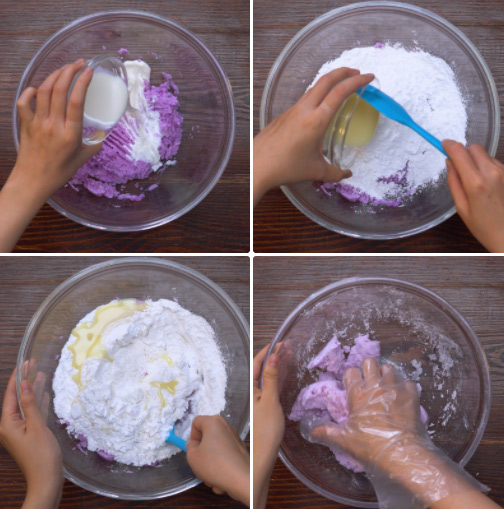 Trộn bột làm bánh khoai mỡ chiên