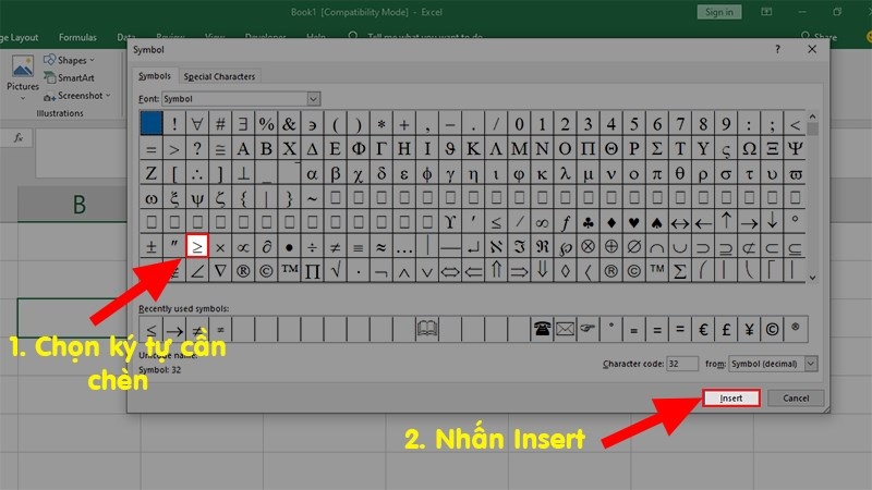 Cách gõ dấu lớn hơn hoặc bằng nhỏ hơn hoặc bằng trong Excel