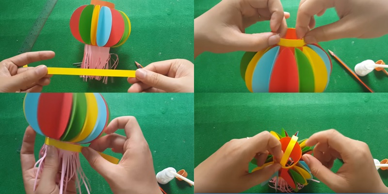 Cắt 2 sợi dây có kích thước là 16 x 1cm và dán vào đầu, đáy của lồng đèn