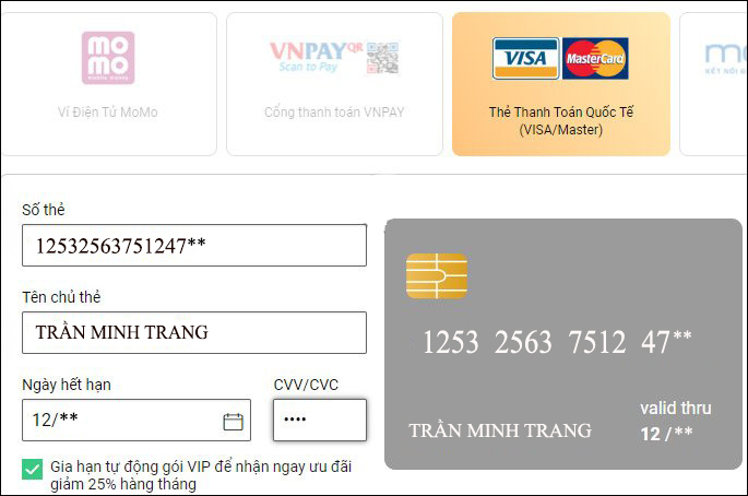 Điền thông tin thanh toán VieOn Điền thông tin thanh toán VieOn