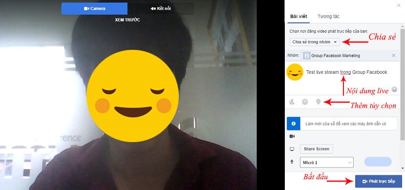 Cách livestream trong group Facebook trên máy tính