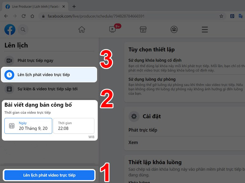 Bạn hãy thiết lập thời gian phát trực tiếp