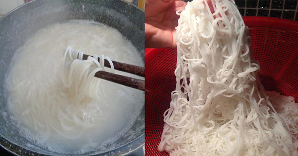 Trụng bún rồi vớt ra để ráo