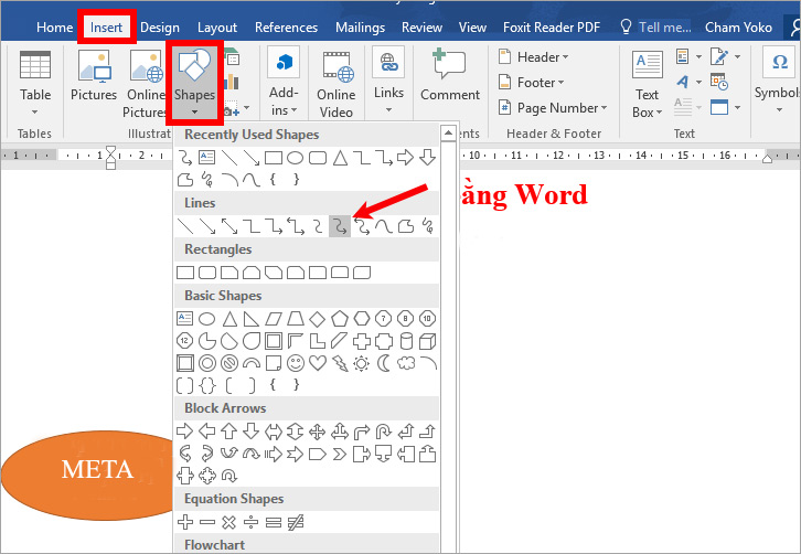Chọn Inssert -> Shapes -> Chọn đường nối Chọn Inssert -> Shapes -> Chọn đường nối