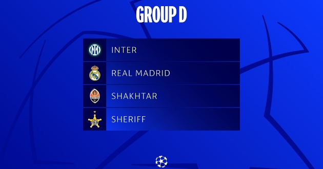 4 đội bóng góp mặt tại bảng D Cúp C1 châu Âu UEFA Champions League 2021/22: Inter Milan, Real Madrid, Shakhtar Donetsk, Sheriff Tiraspol. 4 đội bóng góp mặt tại bảng D Cúp C1 châu Âu UEFA Champions League 2021/22: Inter Milan, Real Madrid, Shakhtar Donetsk, Sheriff Tiraspol.