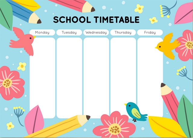 Các mẫu thời khóa biểu bằng tiếng Anh dễ thương