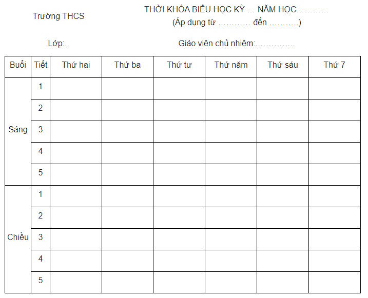 Thời khóa biểu file Excel
