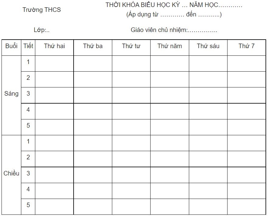 Biểu mẫu thời khóa biểu, mẫu thời khóa biểu đơn giản