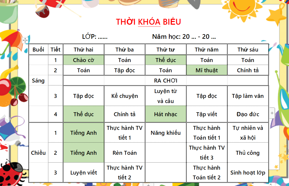 Mẫu thời khóa biểu tiểu học đẹp Mẫu thời khóa biểu tiểu học đẹp