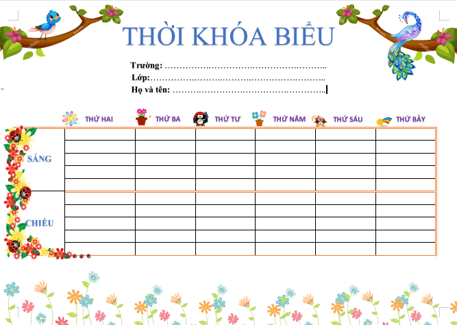 Mẫu thời khóa biểu lớp 1 Mẫu thời khóa biểu lớp 1